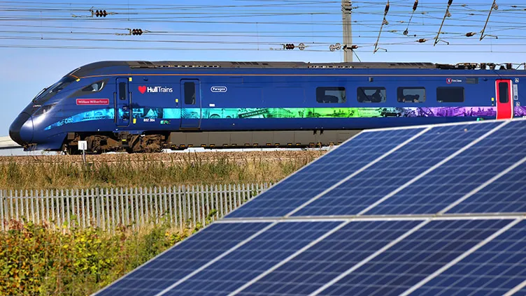 Hull Trains passing solar panels on route