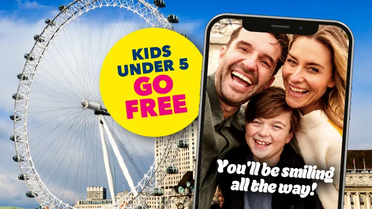 A selfie style family photo with the London Eye in the background